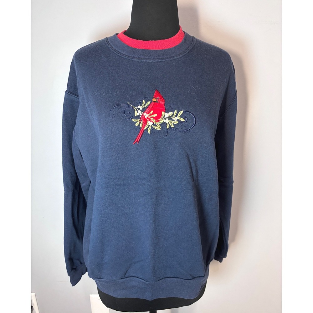 Day Breeze Navy Blue Cardinal Embroidered Crewneck Sweatshirt Women's Medium‎